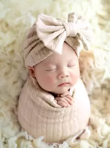 嬰兒女孩新生兒3入組紋理毛毯和頭箍和帽子攝影道具 - 卡其色 - 查看 1
