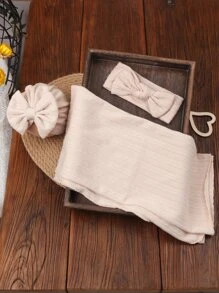 嬰兒女孩新生兒3入組紋理毛毯和頭箍和帽子攝影道具 - 卡其色 - 查看 3