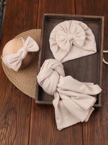 嬰兒女孩新生兒3入組紋理毛毯和頭箍和帽子攝影道具 - 卡其色 - 查看 6