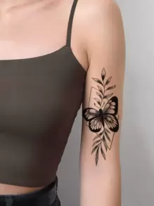 1 Stück Schmetterlings-, Blatt- Und Rautenförmiger Temporärer Tattoo-aufkleber Mit Kleinen Blumen, Für Arm Und Körper - Schwarz - Übersicht 1
