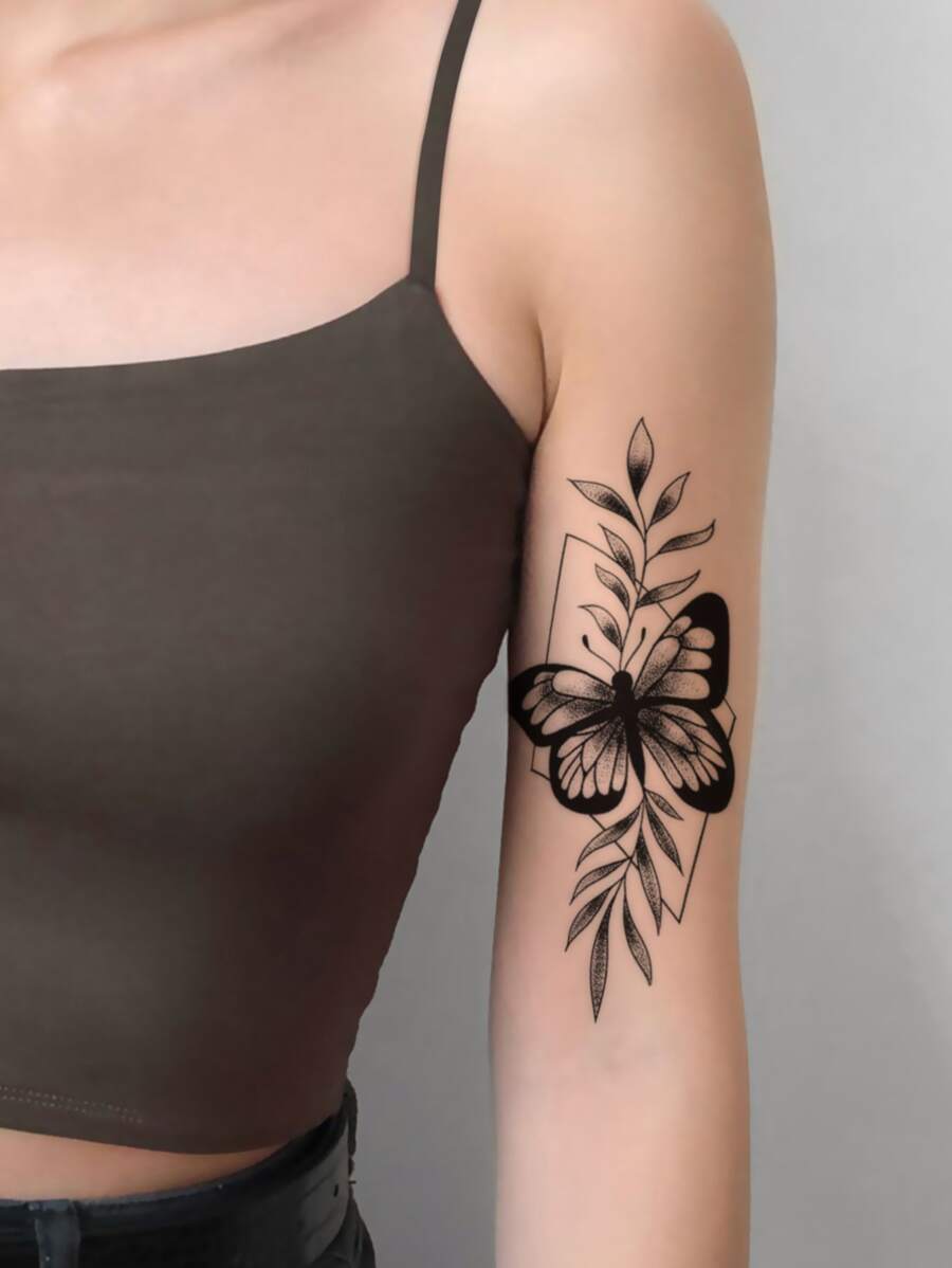 1 Stück Schmetterlings-, Blatt- Und Rautenförmiger Temporärer Tattoo-aufkleber Mit Kleinen Blumen, Für Arm Und Körper - Schwarz - Übersicht 1