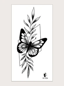 1 Stück Schmetterlings-, Blatt- Und Rautenförmiger Temporärer Tattoo-aufkleber Mit Kleinen Blumen, Für Arm Und Körper - Schwarz - Übersicht 2