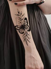 1 Stück Schmetterlings-, Blatt- Und Rautenförmiger Temporärer Tattoo-aufkleber Mit Kleinen Blumen, Für Arm Und Körper - Schwarz - Übersicht 3