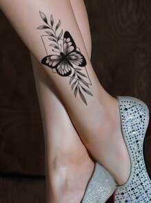 1 Stück Schmetterlings-, Blatt- Und Rautenförmiger Temporärer Tattoo-aufkleber Mit Kleinen Blumen, Für Arm Und Körper - Schwarz - Übersicht 4