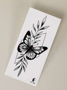 1 Stück Schmetterlings-, Blatt- Und Rautenförmiger Temporärer Tattoo-aufkleber Mit Kleinen Blumen, Für Arm Und Körper - Schwarz - Übersicht 5