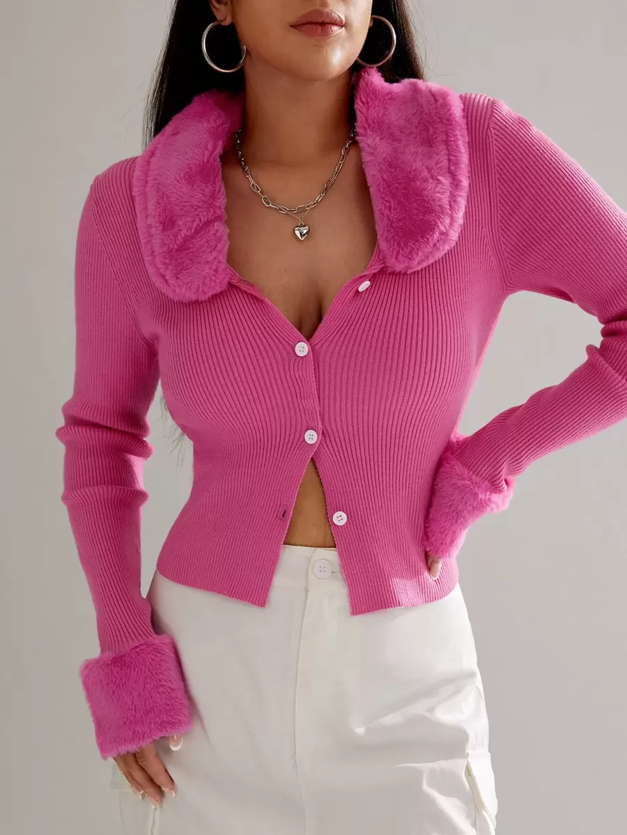 SHEIN ICON Cárdigan cuello de borreguito tejido de canalé