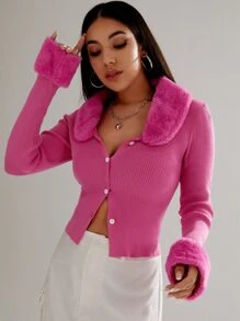 SHEIN ICON Cárdigan cuello de borreguito tejido de canalé