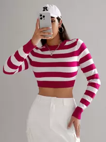 SHEIN Essnce Striped Pattern Crop Sweater - Multicolor - View 1