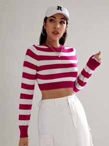 SHEIN Essnce Striped Pattern Crop Sweater - Multicolor - View 3