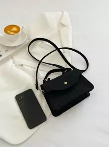 迷你幾何格紋壓花翻蓋方包 - 黑色 - 查看 3