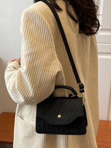 迷你幾何格紋壓花翻蓋方包 - 黑色 - 查看 6