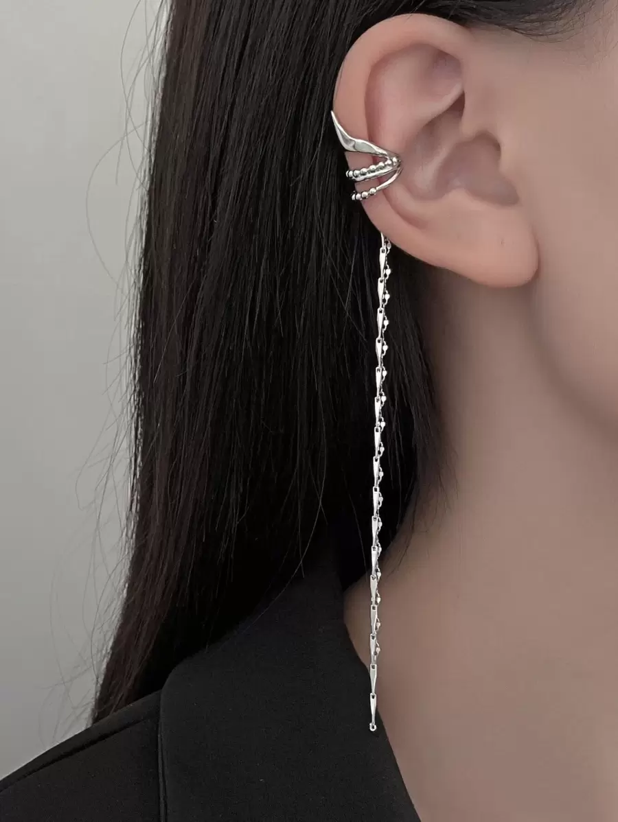 1件简约个性金属蝴蝶翅膀长链流苏夹式耳环，女士无耳洞装饰耳环，适合日常佩戴 - 銀色 - 查看 1