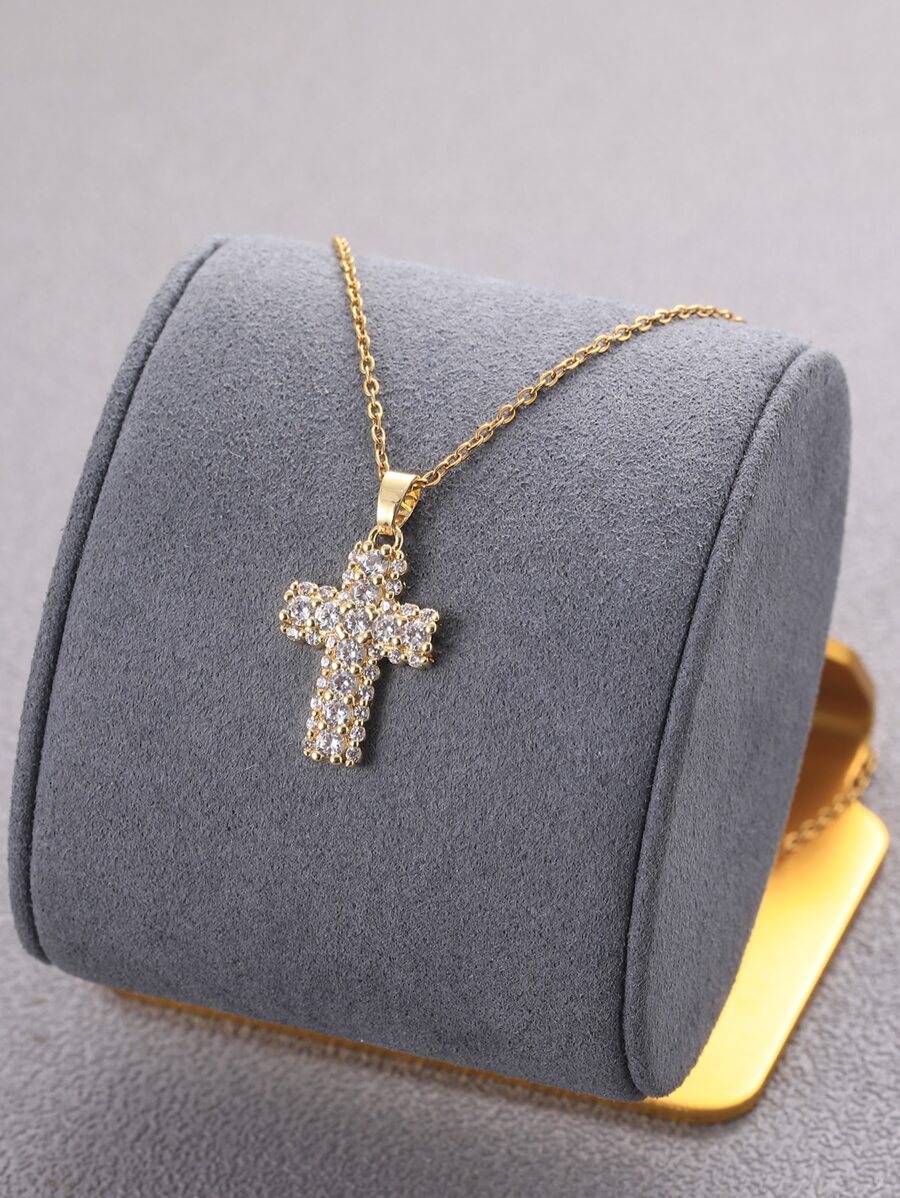 Fashionable and Popular 1pc Men Rhinestone Cross Charm Necklace, Stainless Steel Jewelry for Jewelry Gift and for a Stylish Look - Yellow Gold - View 1