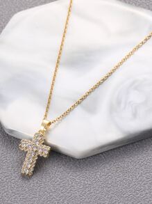 Fashionable and Popular 1pc Men Rhinestone Cross Charm Necklace, Stainless Steel Jewelry for Jewelry Gift and for a Stylish Look - Yellow Gold - View 2