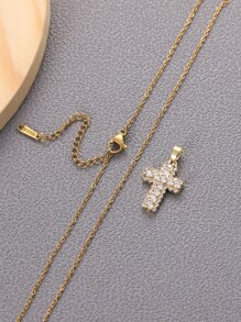 Fashionable and Popular 1pc Men Rhinestone Cross Charm Necklace, Stainless Steel Jewelry for Jewelry Gift and for a Stylish Look - Yellow Gold - View 4