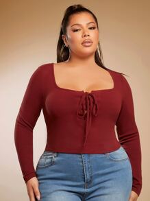SHEIN SXY Plus Lace Up Front Tee - Burgundy - View 4