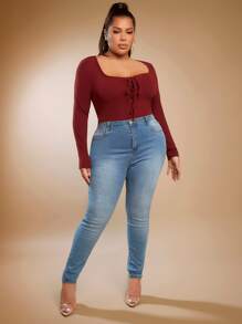 SHEIN SXY Plus Lace Up Front Tee - Burgundy - View 3