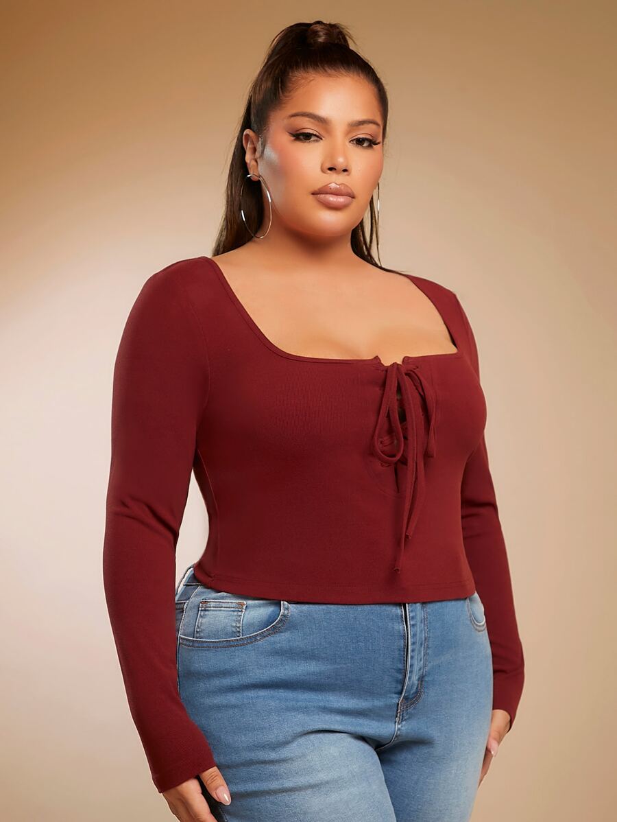 SHEIN SXY Plus Lace Up Front Tee - Burgundy - View 1
