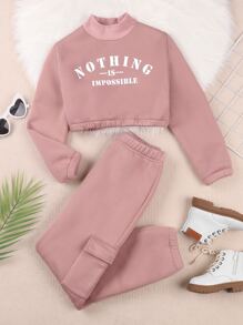 Tween Girl Slogan Graphic Mock Neck Thermal Pullover & Sweatpants - Pink - View 1