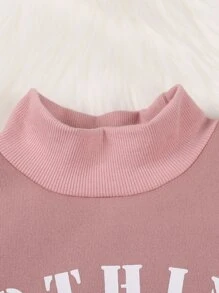 Tween Girl Slogan Graphic Mock Neck Thermal Pullover & Sweatpants - Pink - View 5