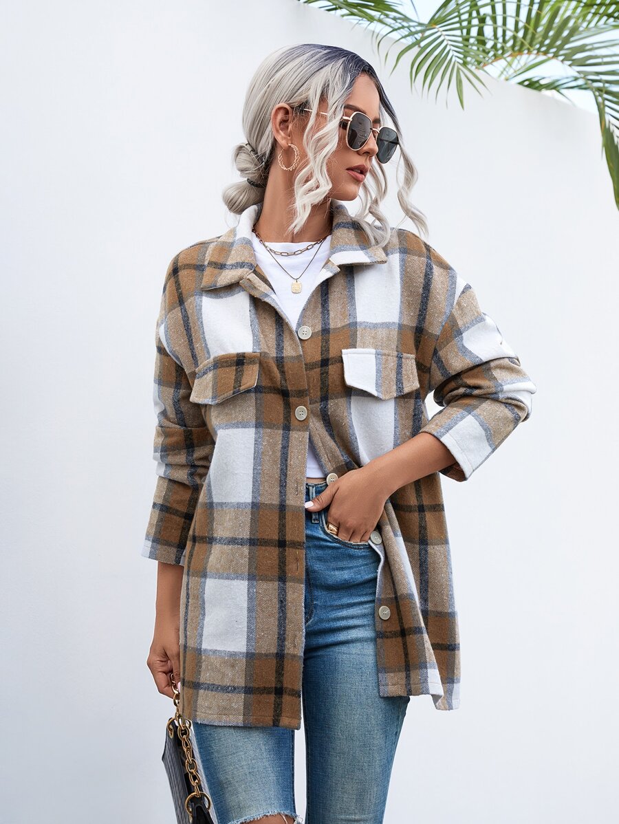 SHEIN LUNE Plaid Print Drop Shoulder Flap Detail Coat - Brown - View 1