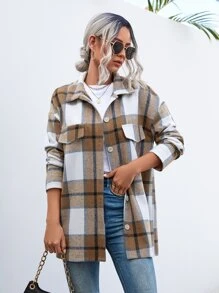 SHEIN LUNE Plaid Print Drop Shoulder Flap Detail Coat - Brown - View 4