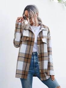 SHEIN LUNE Plaid Print Drop Shoulder Flap Detail Coat - Brown - View 5
