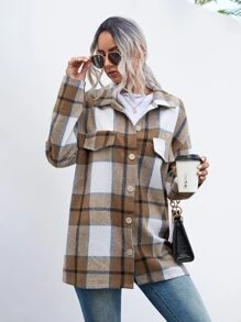 SHEIN LUNE Plaid Print Drop Shoulder Flap Detail Coat - Brown - View 6