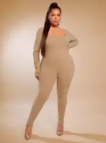 SHEIN SXY 大碼大圓領彈力緊身連體褲 - 卡其色 - 查看 1