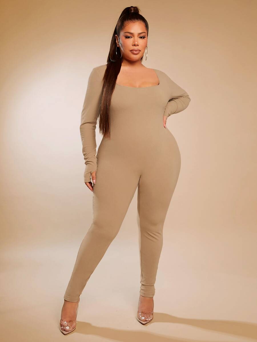 SHEIN SXY 大碼大圓領彈力緊身連體褲 - 卡其色 - 查看 1