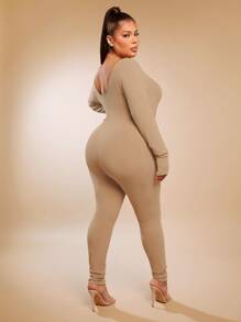SHEIN SXY 大碼大圓領彈力緊身連體褲 - 卡其色 - 查看 2