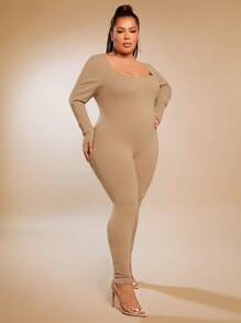 SHEIN SXY 大碼大圓領彈力緊身連體褲 - 卡其色 - 查看 4