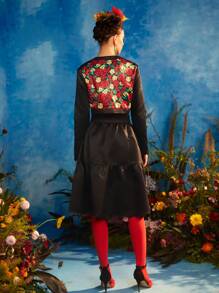 Redefinition Frida Kahlo X SHEIN X Designer Zip Up Floral Print Jacket & Ruffle Hem Skirt - Multicolor - View 2