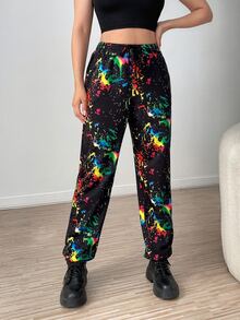 SHEIN Unity 1pc Splash Ink Print Slant Pockets Joggers - Black - View 5