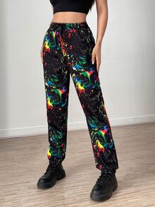 SHEIN Unity 1pc Splash Ink Print Slant Pockets Joggers - Black - View 4