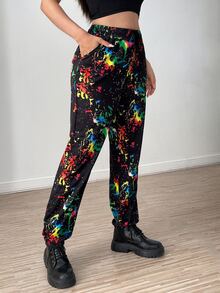 SHEIN Unity 1pc Splash Ink Print Slant Pockets Joggers - Black - View 3