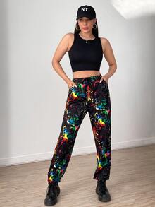 SHEIN Unity 1pc Splash Ink Print Slant Pockets Joggers - Black - View 2