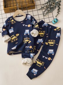 男孩卡通汽車印花加絨內裏睡衣套裝