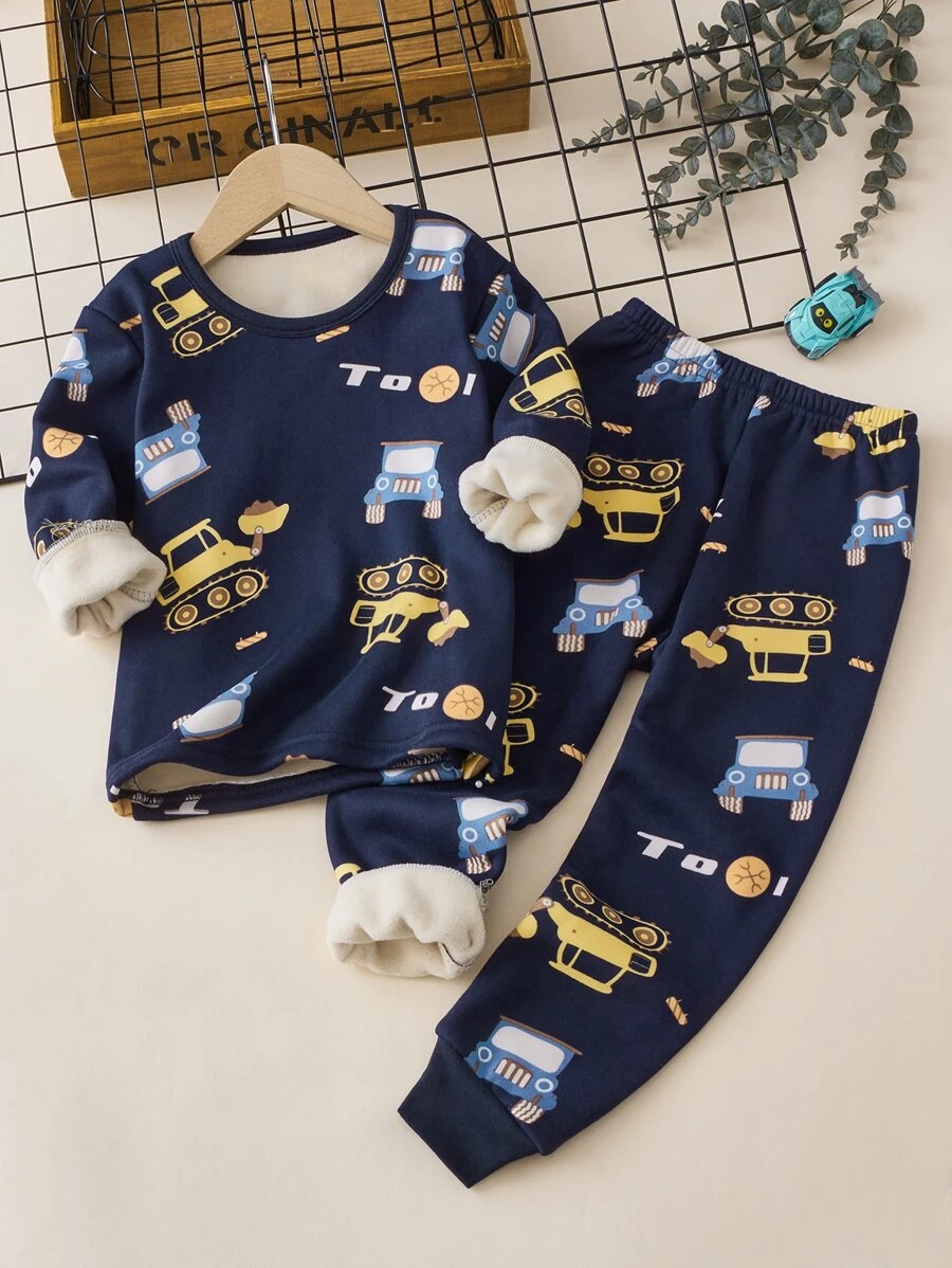 男孩卡通汽車印花加絨內裏睡衣套裝