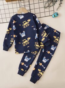 男孩卡通汽車印花加絨內裏睡衣套裝