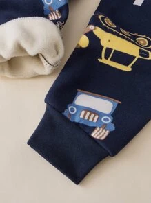 男孩卡通汽車印花加絨內裏睡衣套裝