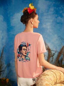 Leslie Samano Frida Kahlo X SHEIN X Designer 花卉和字母圖案T恤 - 珊瑚粉 - 查看 2