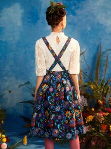 CW2 Frida Kahlo X SHEIN X Designer Lace Puff Sleeve Blouse & Floral Print Pleated Satin Pinafore Skirt - Multicolor - View 2