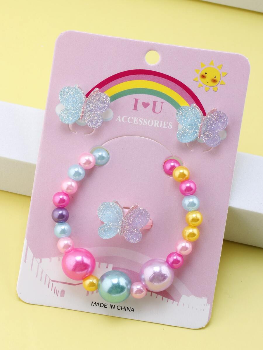 4pcs Girls Butterfly & Bead Decor Jewelry Set - Multicolor - View 1