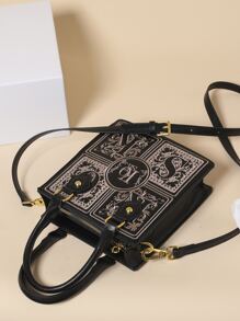 镂空图案重磅刺绣迷你手提包 - 黑色 - 查看 5
