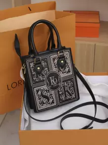 镂空图案重磅刺绣迷你手提包 - 黑色 - 查看 6