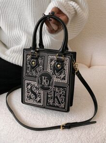 镂空图案重磅刺绣迷你手提包 - 黑色 - 查看 7