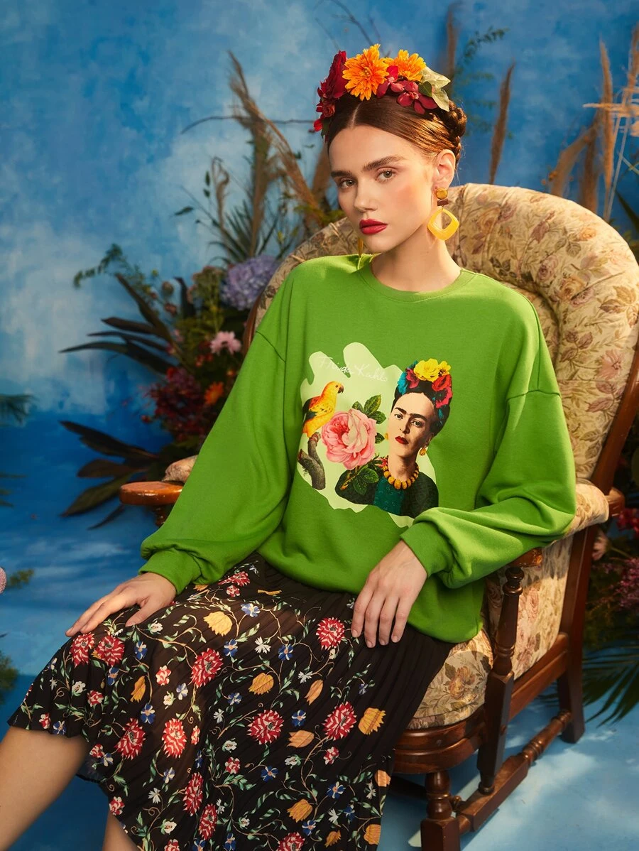 Frida Kahlo X SHEIN Quần áo thể thao nữ Con số Hoa Giải trí - Màu xanh chanh - Xem 1