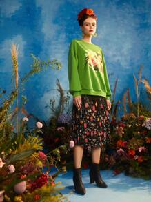 Frida Kahlo X SHEIN Quần áo thể thao nữ Con số Hoa Giải trí - Màu xanh chanh - Xem 3