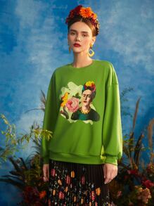 Frida Kahlo X SHEIN Quần áo thể thao nữ Con số Hoa Giải trí - Màu xanh chanh - Xem 5